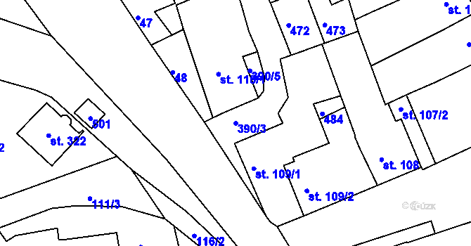 Parcela st. 390/3 v KÚ Těšnovice, Katastrální mapa