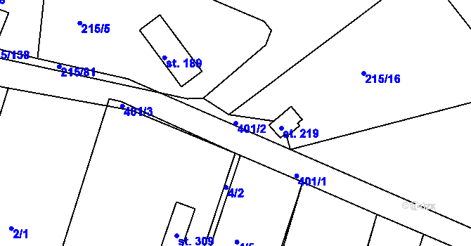 Parcela st. 401/2 v KÚ Těšnovice, Katastrální mapa