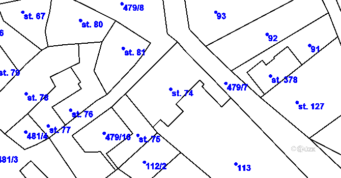 Parcela st. 74 v KÚ Trávník, Katastrální mapa