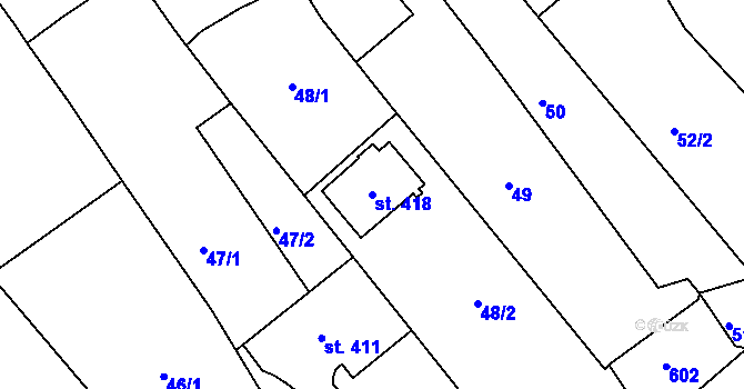 Parcela st. 418 v KÚ Trávník, Katastrální mapa