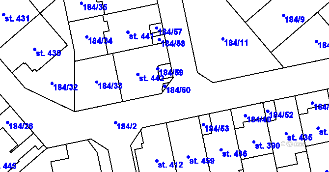 Parcela st. 184/60 v KÚ Trávník, Katastrální mapa