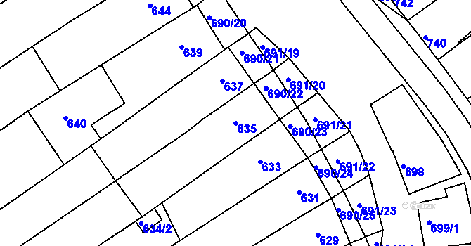Parcela st. 635 v KÚ Těšov, Katastrální mapa