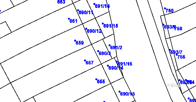Parcela st. 690/3 v KÚ Těšov, Katastrální mapa