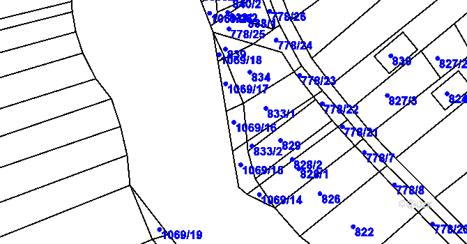 Parcela st. 1069/16 v KÚ Těšov, Katastrální mapa