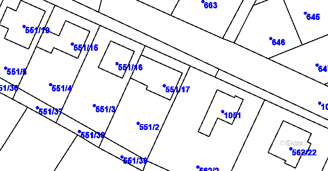 Parcela st. 551/17 v KÚ Tetčice, Katastrální mapa