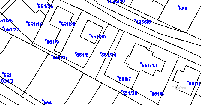 Parcela st. 551/34 v KÚ Tetčice, Katastrální mapa