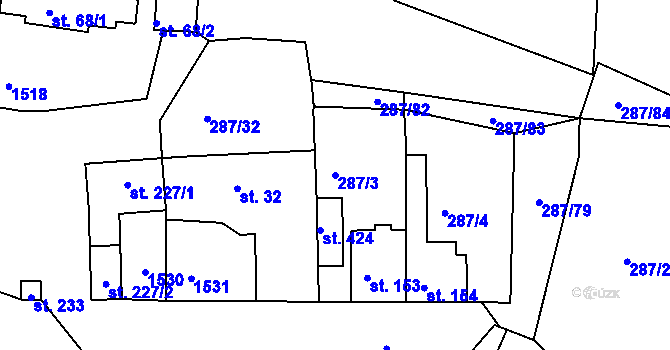 Parcela st. 287/3 v KÚ Tetín u Berouna, Katastrální mapa