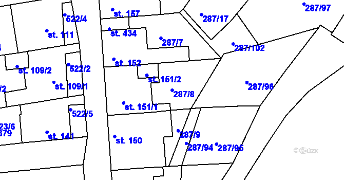Parcela st. 287/8 v KÚ Tetín u Berouna, Katastrální mapa