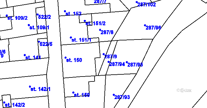 Parcela st. 287/9 v KÚ Tetín u Berouna, Katastrální mapa