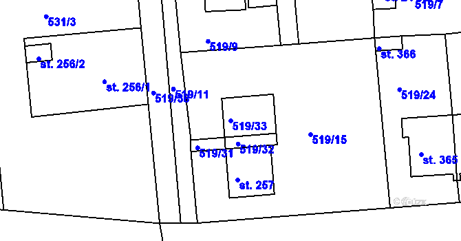 Parcela st. 519/33 v KÚ Tetín u Berouna, Katastrální mapa