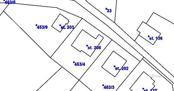 Parcela st. 208 v KÚ Tichonice, Katastrální mapa