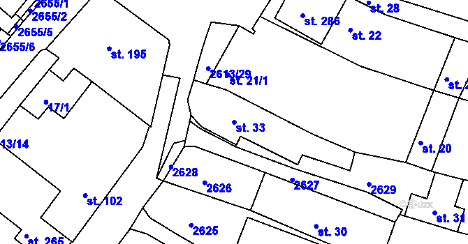 Parcela st. 33 v KÚ Tichov, Katastrální mapa