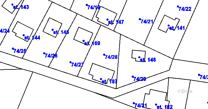 Parcela st. 74/28 v KÚ Tis u Blatna, Katastrální mapa