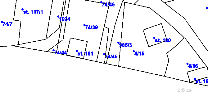 Parcela st. 74/45 v KÚ Tis u Blatna, Katastrální mapa