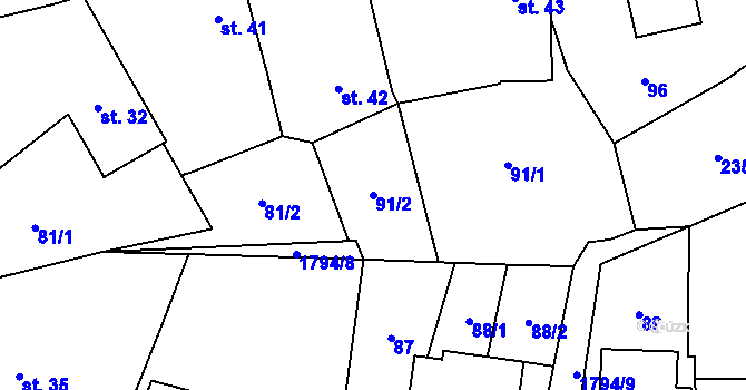Parcela st. 91/2 v KÚ Tísek, Katastrální mapa