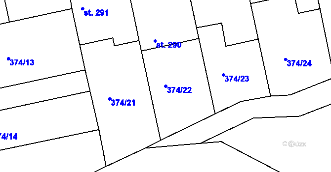 Parcela st. 374/22 v KÚ Tismice, Katastrální mapa