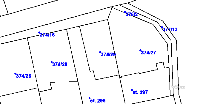 Parcela st. 374/29 v KÚ Tismice, Katastrální mapa