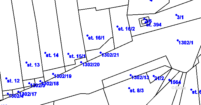 Parcela st. 1302/21 v KÚ Tismice, Katastrální mapa