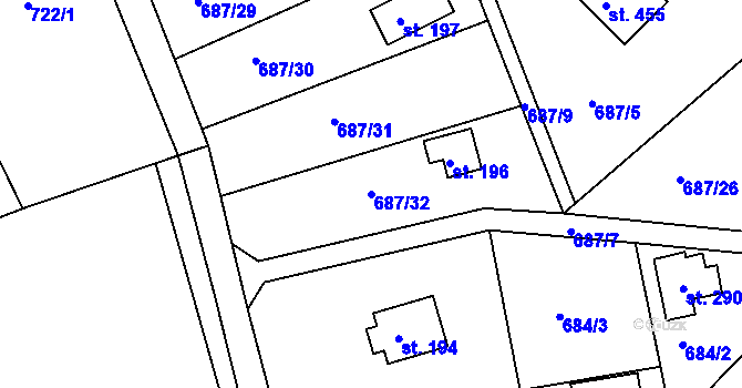 Parcela st. 687/32 v KÚ Kozly u Tišic, Katastrální mapa