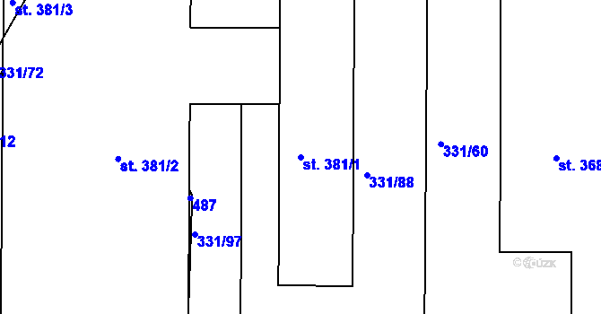 Parcela st. 381/1 v KÚ Tišice, Katastrální mapa