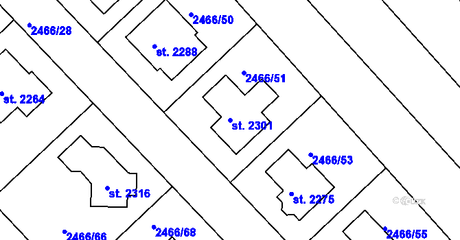 Parcela st. 2301 v KÚ Tišnov, Katastrální mapa