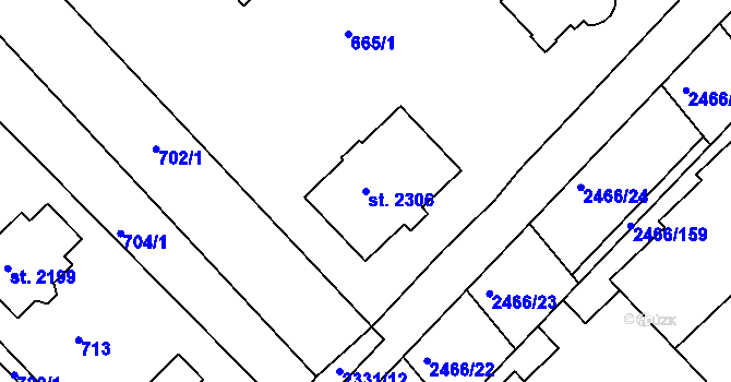 Parcela st. 2306 v KÚ Tišnov, Katastrální mapa