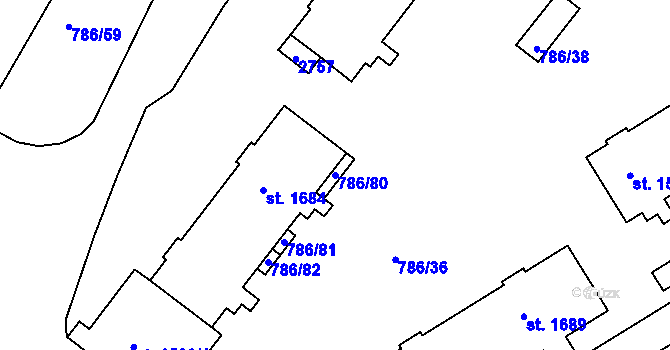 Parcela st. 786/80 v KÚ Tišnov, Katastrální mapa