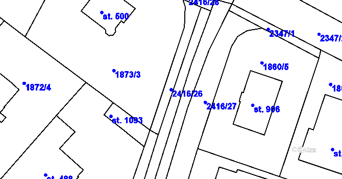 Parcela st. 2416/26 v KÚ Tišnov, Katastrální mapa