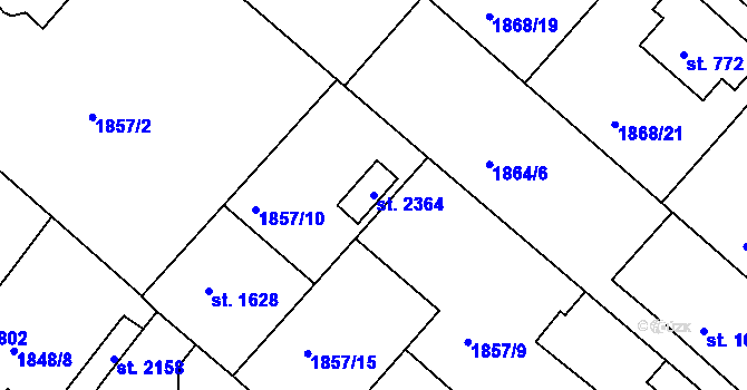 Parcela st. 2364 v KÚ Tišnov, Katastrální mapa