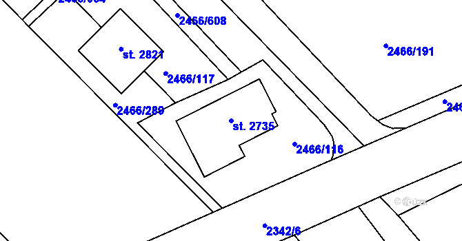 Parcela st. 2735 v KÚ Tišnov, Katastrální mapa