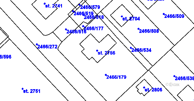 Parcela st. 2756 v KÚ Tišnov, Katastrální mapa