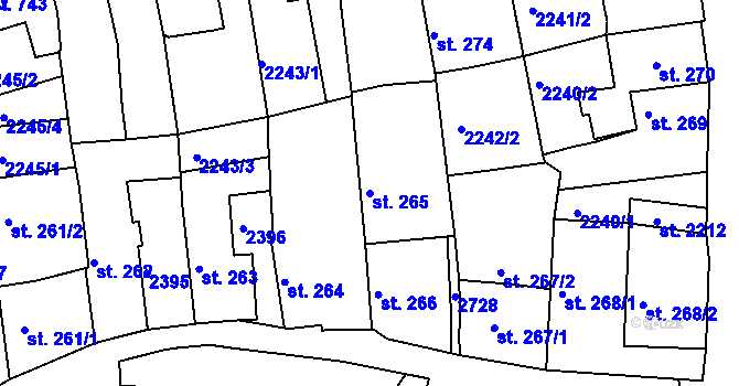 Parcela st. 265 v KÚ Tišnov, Katastrální mapa
