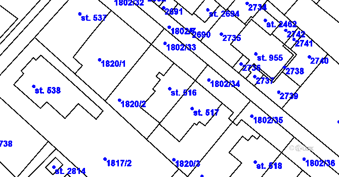 Parcela st. 516 v KÚ Tišnov, Katastrální mapa