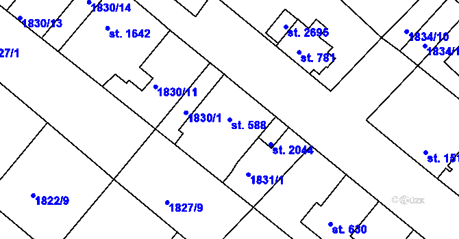 Parcela st. 588 v KÚ Tišnov, Katastrální mapa