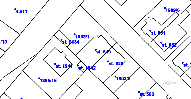 Parcela st. 619 v KÚ Tišnov, Katastrální mapa