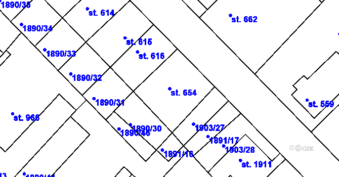 Parcela st. 654 v KÚ Tišnov, Katastrální mapa