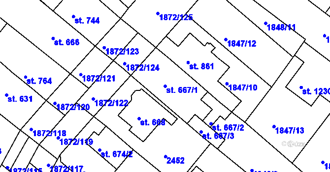 Parcela st. 667/1 v KÚ Tišnov, Katastrální mapa