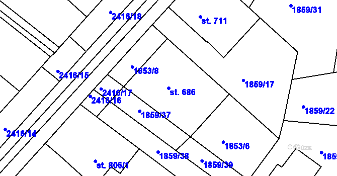 Parcela st. 686 v KÚ Tišnov, Katastrální mapa