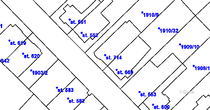 Parcela st. 714 v KÚ Tišnov, Katastrální mapa