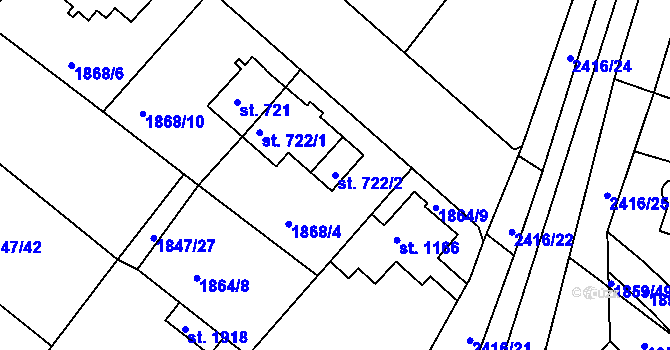 Parcela st. 722/2 v KÚ Tišnov, Katastrální mapa