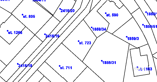 Parcela st. 723 v KÚ Tišnov, Katastrální mapa