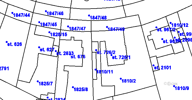 Parcela st. 726/2 v KÚ Tišnov, Katastrální mapa