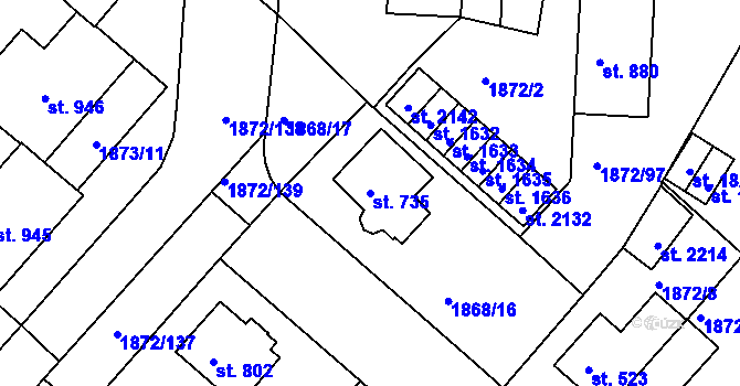 Parcela st. 735 v KÚ Tišnov, Katastrální mapa