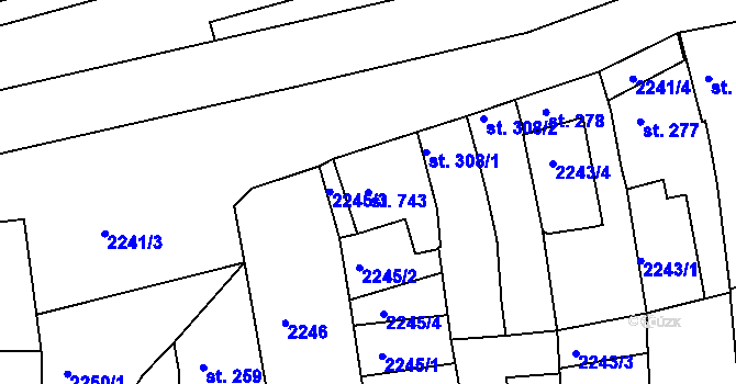Parcela st. 743 v KÚ Tišnov, Katastrální mapa