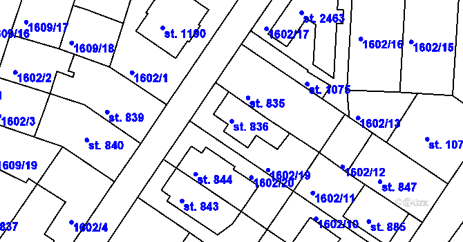 Parcela st. 836 v KÚ Tišnov, Katastrální mapa