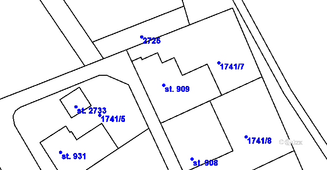 Parcela st. 909 v KÚ Tišnov, Katastrální mapa