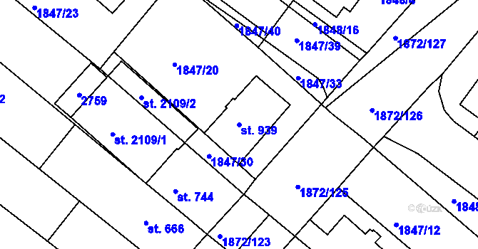 Parcela st. 939 v KÚ Tišnov, Katastrální mapa