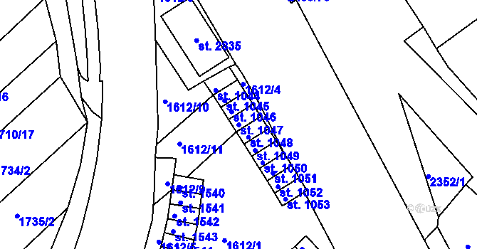 Parcela st. 1047 v KÚ Tišnov, Katastrální mapa