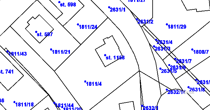 Parcela st. 1158 v KÚ Tišnov, Katastrální mapa