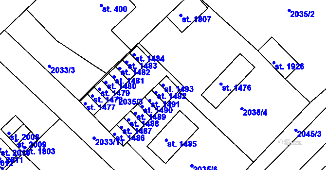 Parcela st. 1493 v KÚ Tišnov, Katastrální mapa